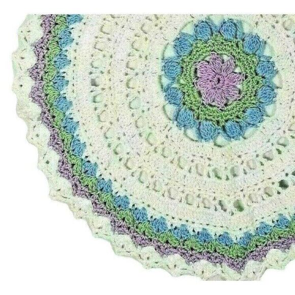 Country Crochet Doily Placemat 10.5 Diameter White Purple Green Blue Handmade - Picture 2 of 2